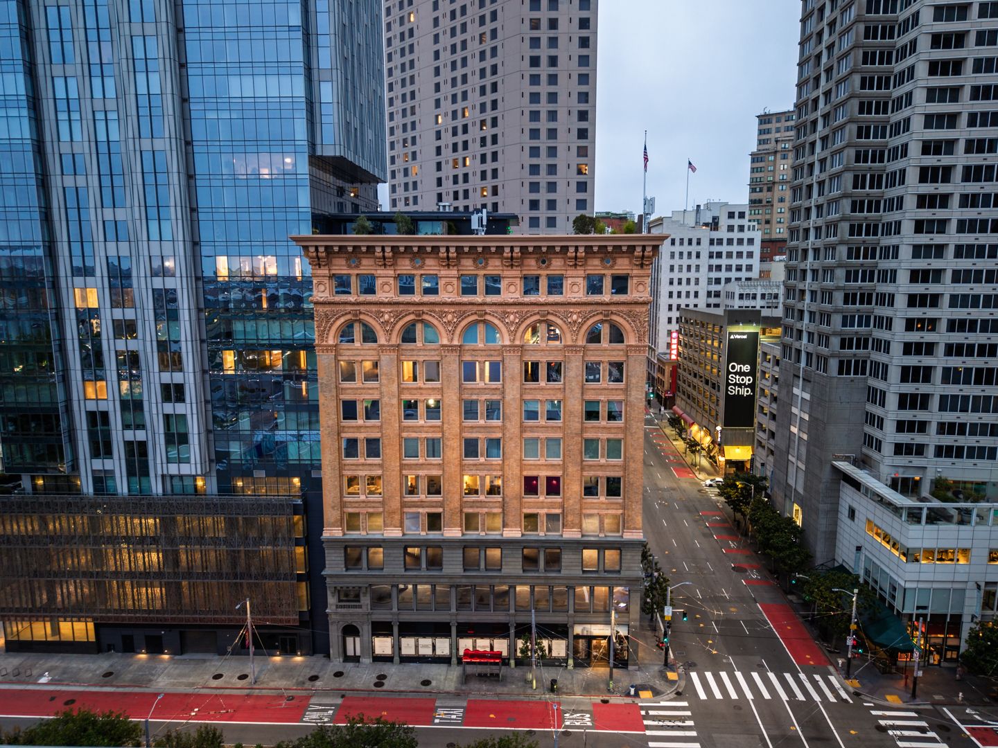 Aerial view of the 706 Mission tower amid the downtown San Francisco skyline