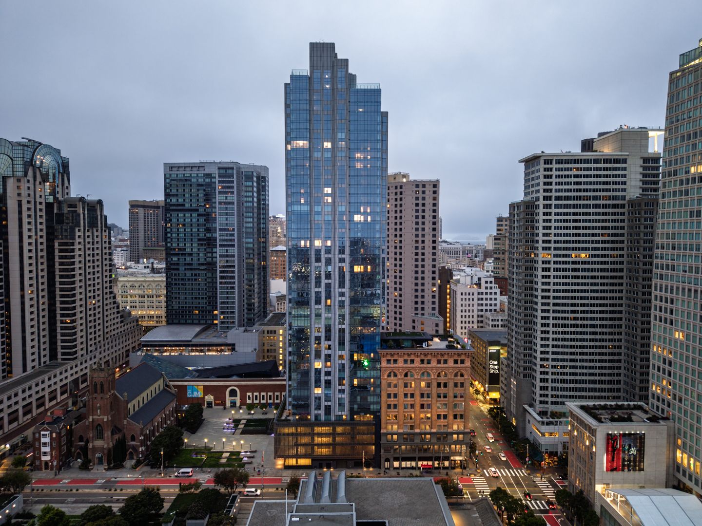 Aerial view of the 706 Mission tower amid the downtown San Francisco skyline