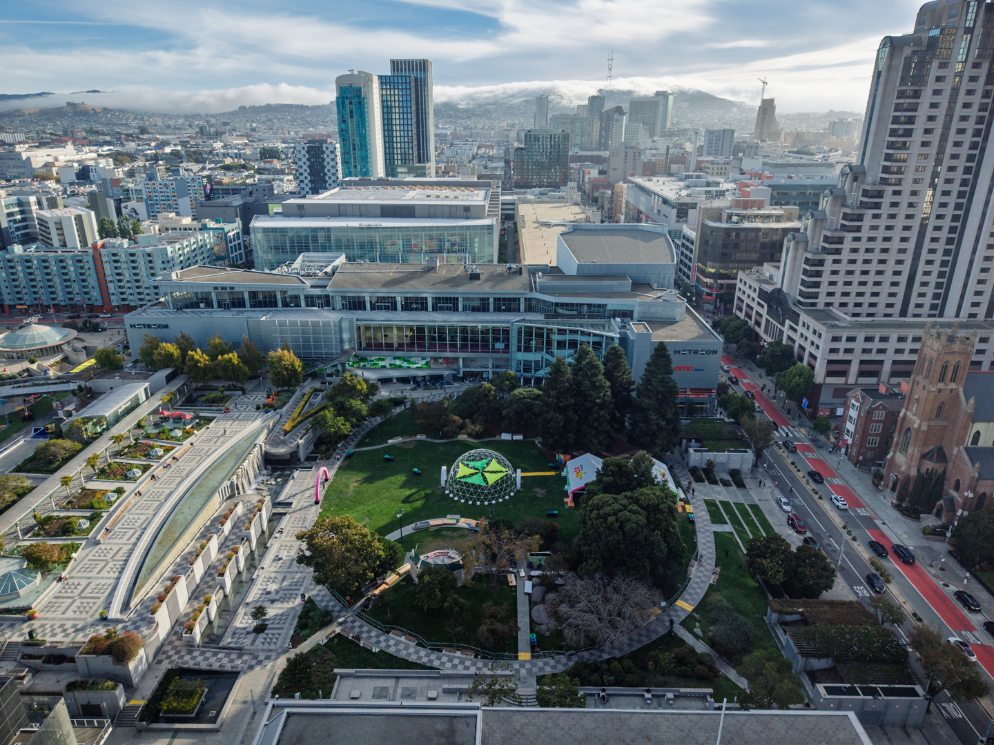 Aerial view of Yerba Buena Gardens and Moscone Center beside 706 Mission