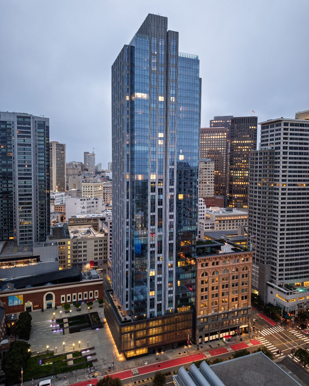 Aerial view of the 706 Mission tower amid the downtown San Francisco skyline